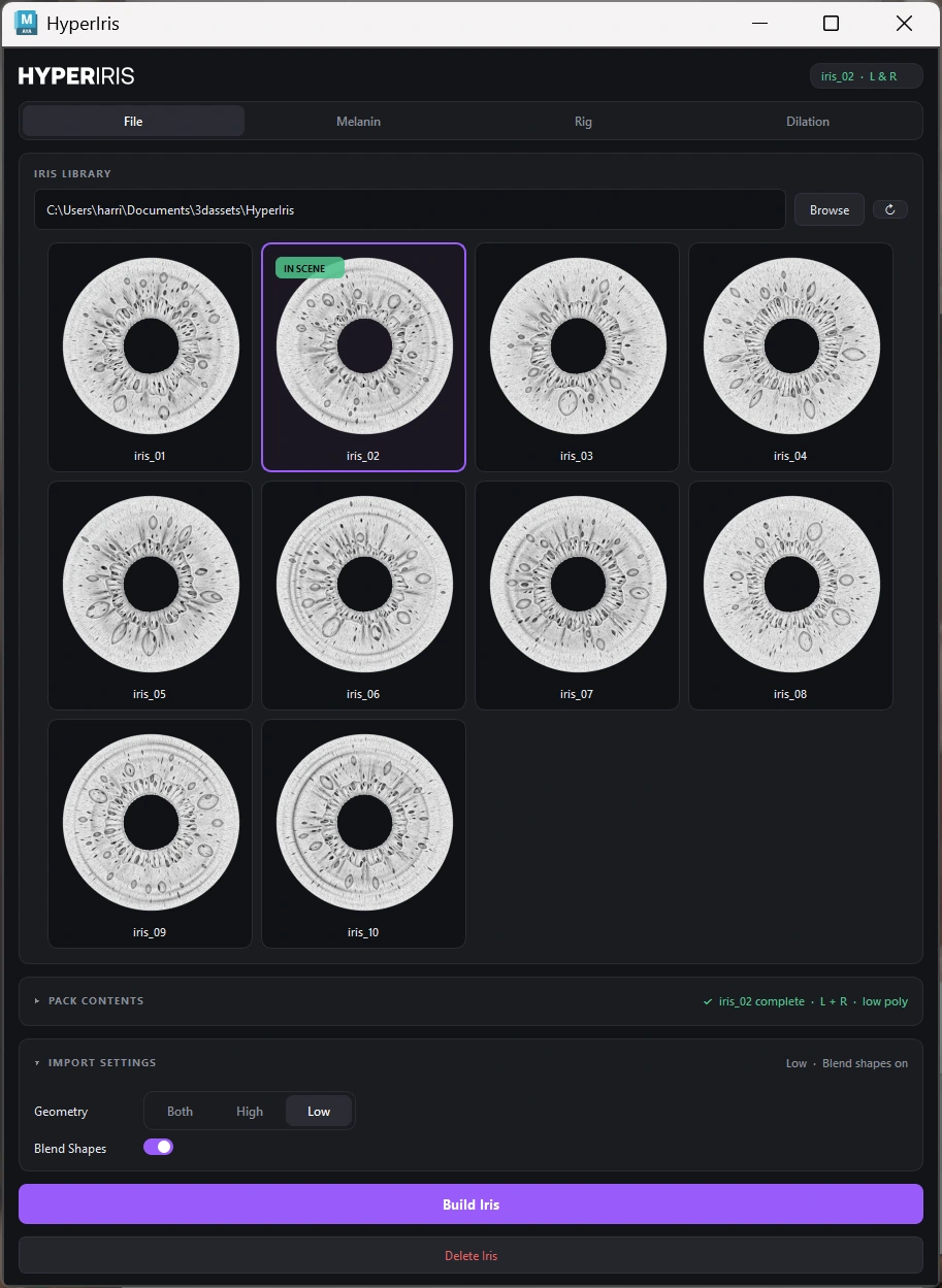 The HyperIris plugin in Maya, showing the iris library