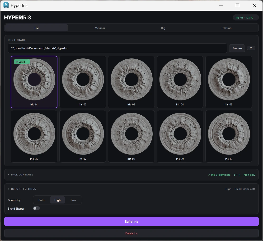 The HyperIris plugin in Maya, showing the iris library